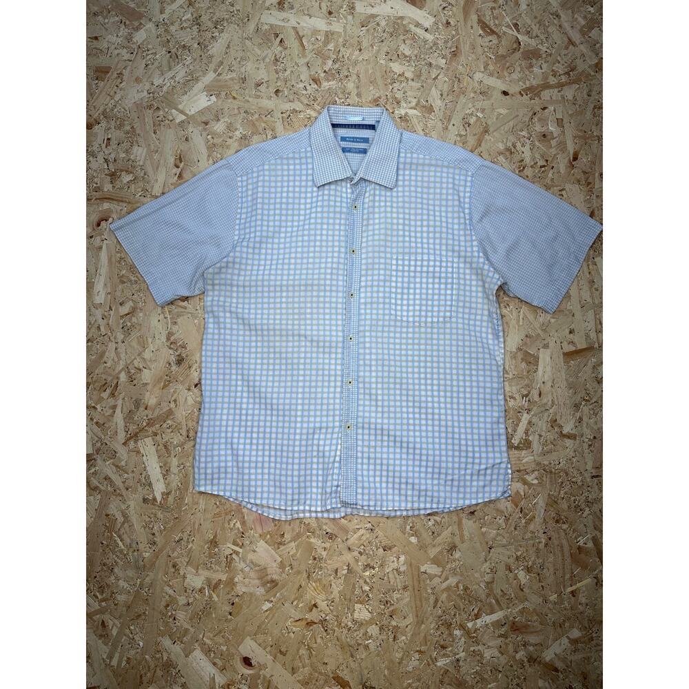 Mondo Di Marco Vintage Mens Blue/Yellow Short Sleeve Button Down Shirt Sz L
